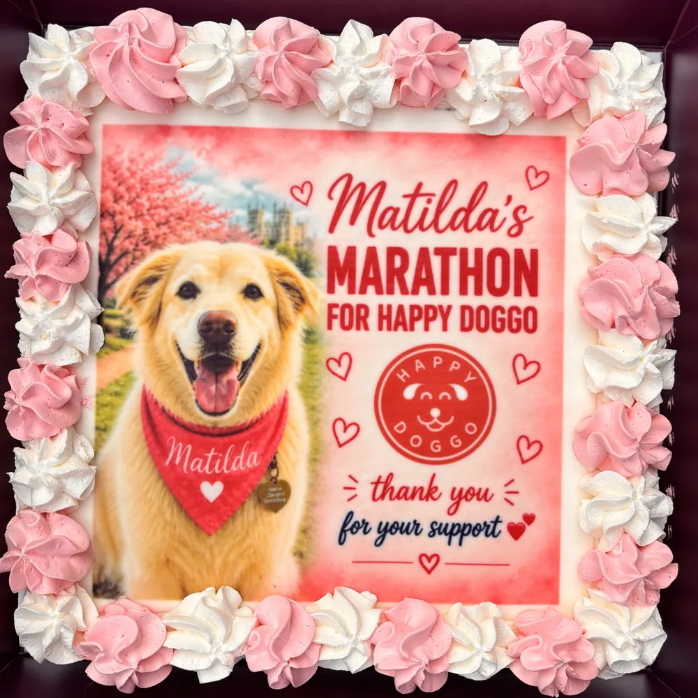 A cake decorated with Matilda's photograph and the Happy Doggo logo